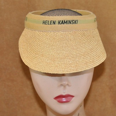 Helen Kaminski Australia Straw Sun Visor Hat Nougat Natural Logo Raffia Braid  eb-50838417